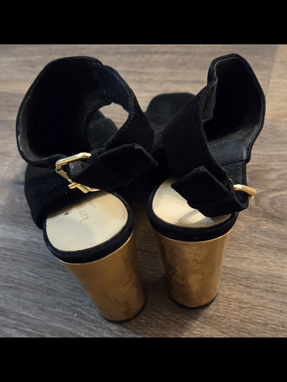 kate spade Black Suede Open-Toe Ankle Mules with Gold Buckles - Picture 3 of 6